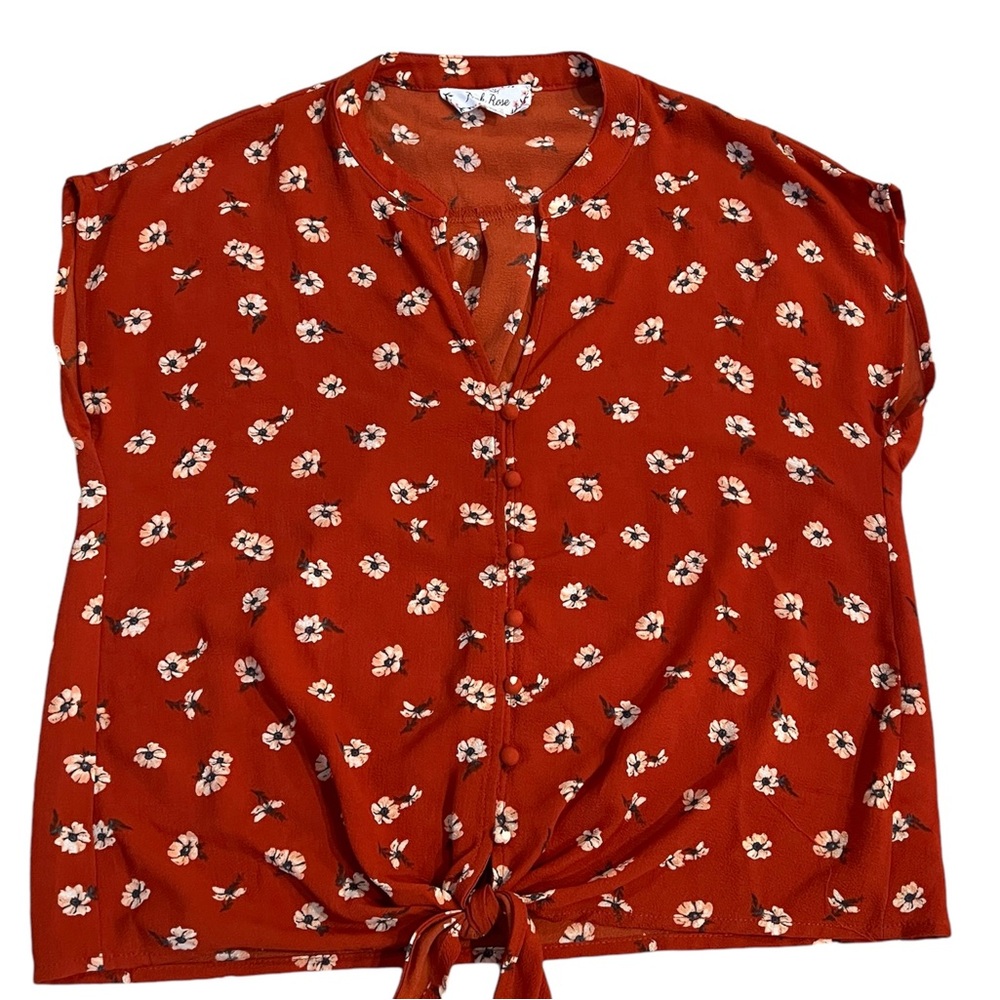 Women’s Floral Blouse by Pink Rose. Red with Florals Button Down Front Tie.
